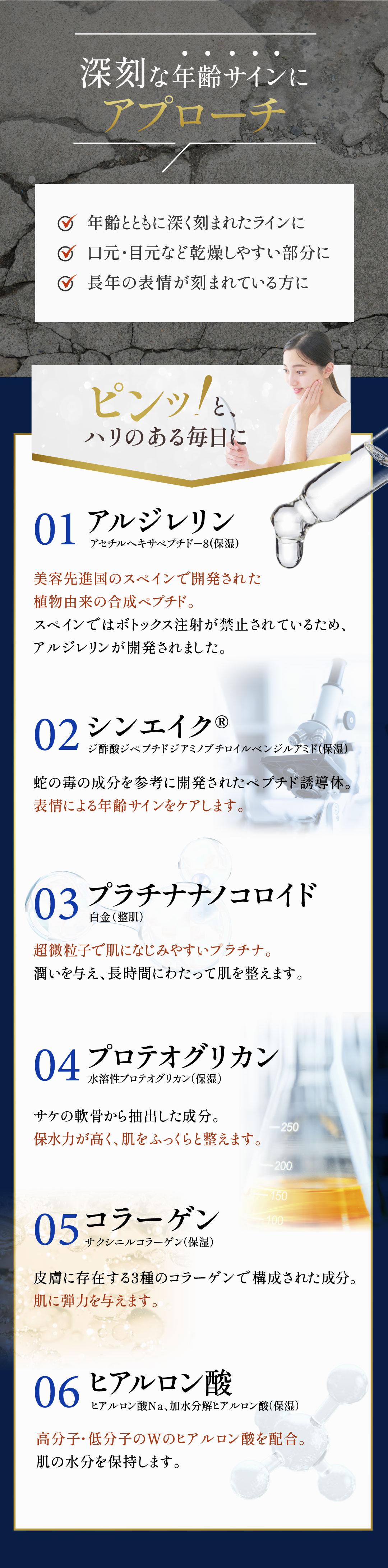 深刻な年齢サインにアプローチ。ピンッとハリのある毎日に。アルジレリン、シンエイク、プラチナナノコロイド、プロテオグリカン、コラーゲン、ヒアルロン酸