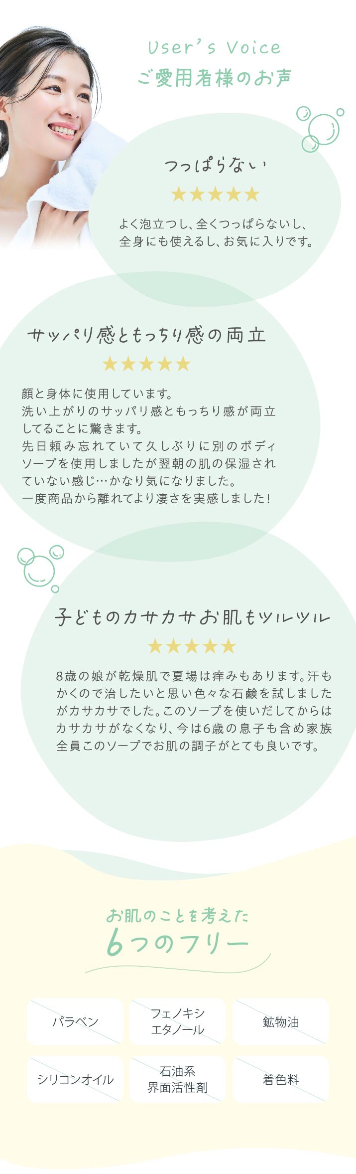 ユーザーレビュー ご愛用者様のお声　お肌のことを考えた6つのフリー