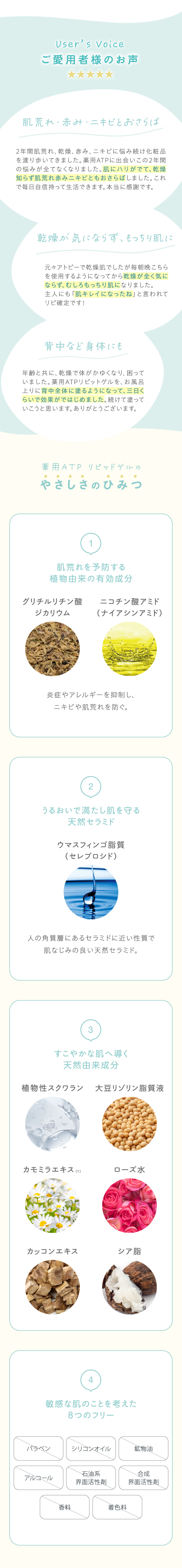 ご愛用者様のお声　ユーザーレビュー　薬用ATPリピッドゲルのやさしさのひみつ　肌荒れを予防する植物由来の有効成分　うるおいで満たし肌を守る天然セラミド　すこやかな肌へ導く天然由来成分　敏感な肌のことを考えた8つのフリー