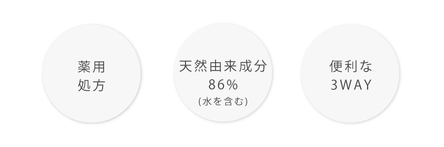 薬用処方、天然由来成分86％、便利な3way