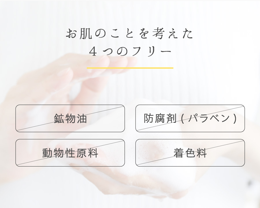 お肌のことを考えた4つのフリー。鉱物油フリー、防腐剤フリー（パラベンフリー）、動物性原料フリー、着色料フリー。