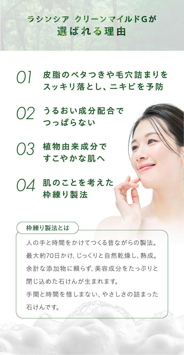 皮脂のベタつきや毛穴詰まりをスッキリ落とし、ニキビを予防。うるおい成分配合でつっぱらない。植物由来成分ですこやかな肌へ。肌のことを考えた枠練り製法。枠練り製法とは、人の手と時間をかけてつくる昔ながらの製法。最大70日かけ、じっくりと自然乾燥し、熟成。余計な添加物に頼らず、美容成分をたっぷりと閉じ込めた石けんが生まれます。手間と時間を惜しまない、やさしさの詰まった石けんです。