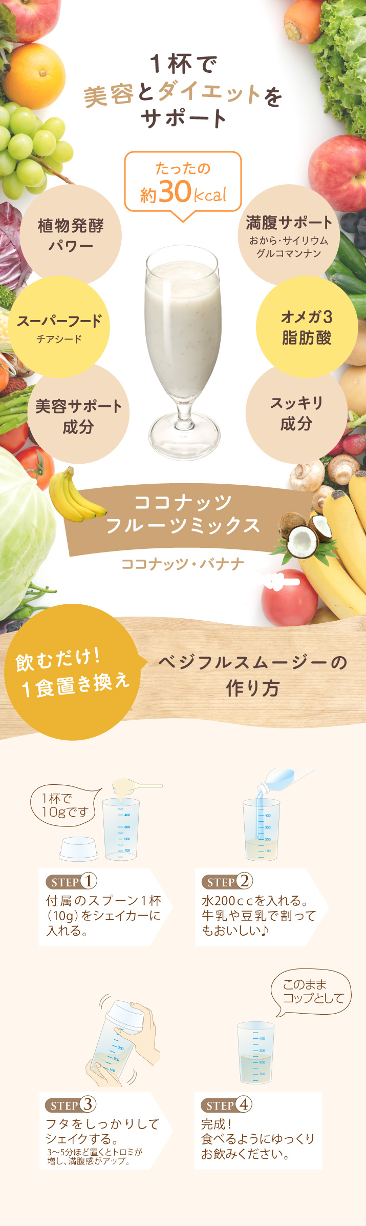 1杯で美容とダイエットをサポート。1杯たったの約30kcal。ココナッツフルーツミックス