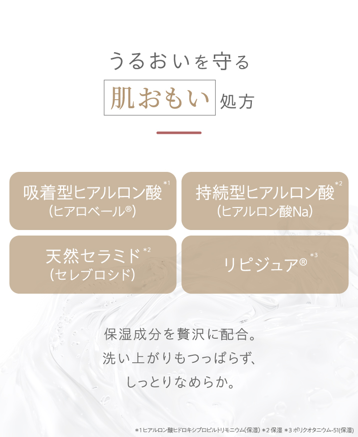 うるおいを守る肌おもい処方。吸着型ヒアルロン酸、持続型ヒアルロン酸、天然セラミド、リピジュア。保湿成分を贅沢に配合。洗い上がりもつっぱらず、しっとりなめらか。