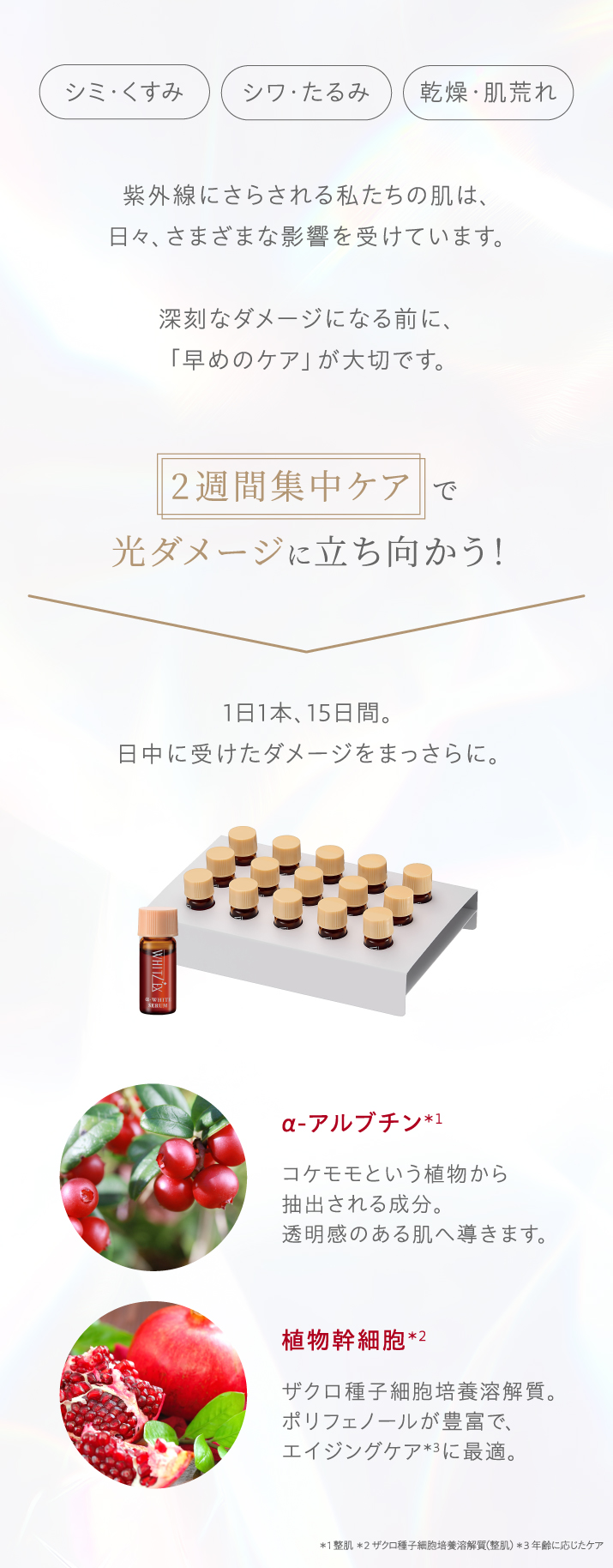 シミ・くすみ、シワ・たるみ、乾燥・肌荒れ…。紫外線にさらされる私たちの肌は、日々、さまざまな影響を受けています。深刻なダメージになる前に、「早めのケア」が大切です。2週間集中ケアで光ダメージに立ち向かう！1日1本、15日間。日中に受けたダメージをまっさらに。α-アルブチン、植物幹細胞配合。